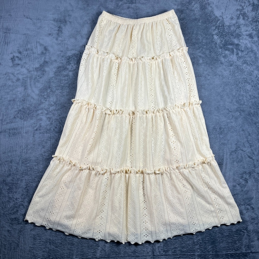 Shein Maxi Skirt Womens 4 Beige Broderie Anglaise Tiered Ruffled Elastic Waist